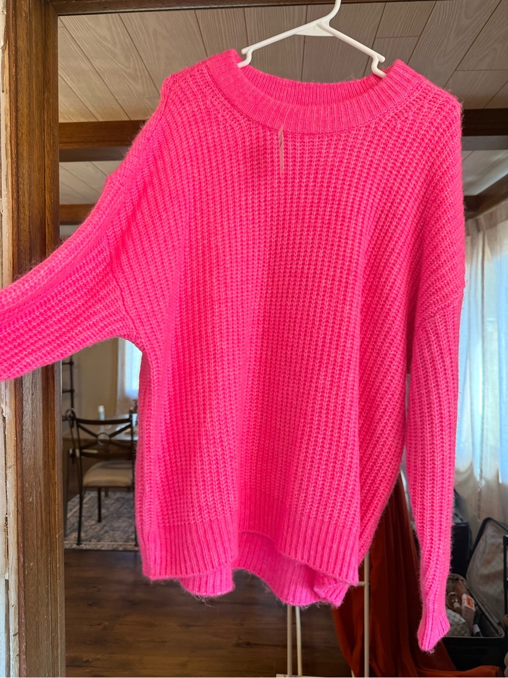 aerie Bright Pink Waffle Knit Crew Sweater